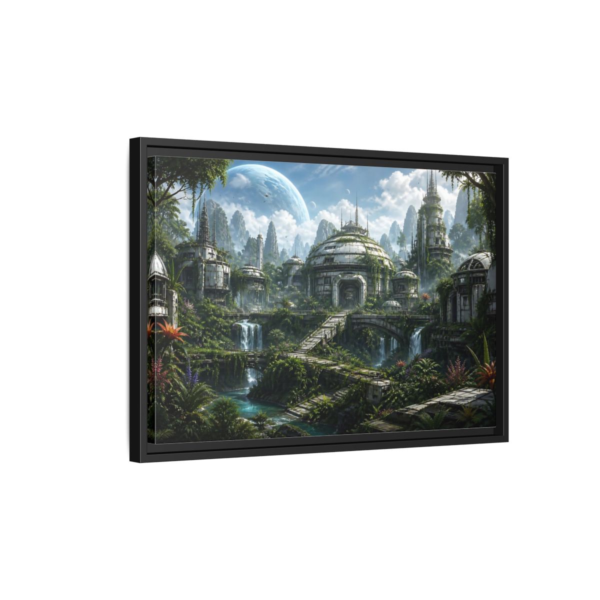 Side Mockup 3. Science Fiction Overgrown City Sci-Fi Landscape shown as stretched canvas wall art