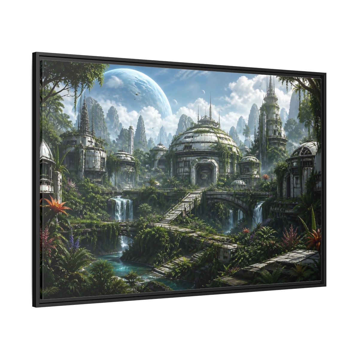 Side Mockup 12. Science Fiction Overgrown City Sci-Fi Landscape shown as stretched canvas wall art