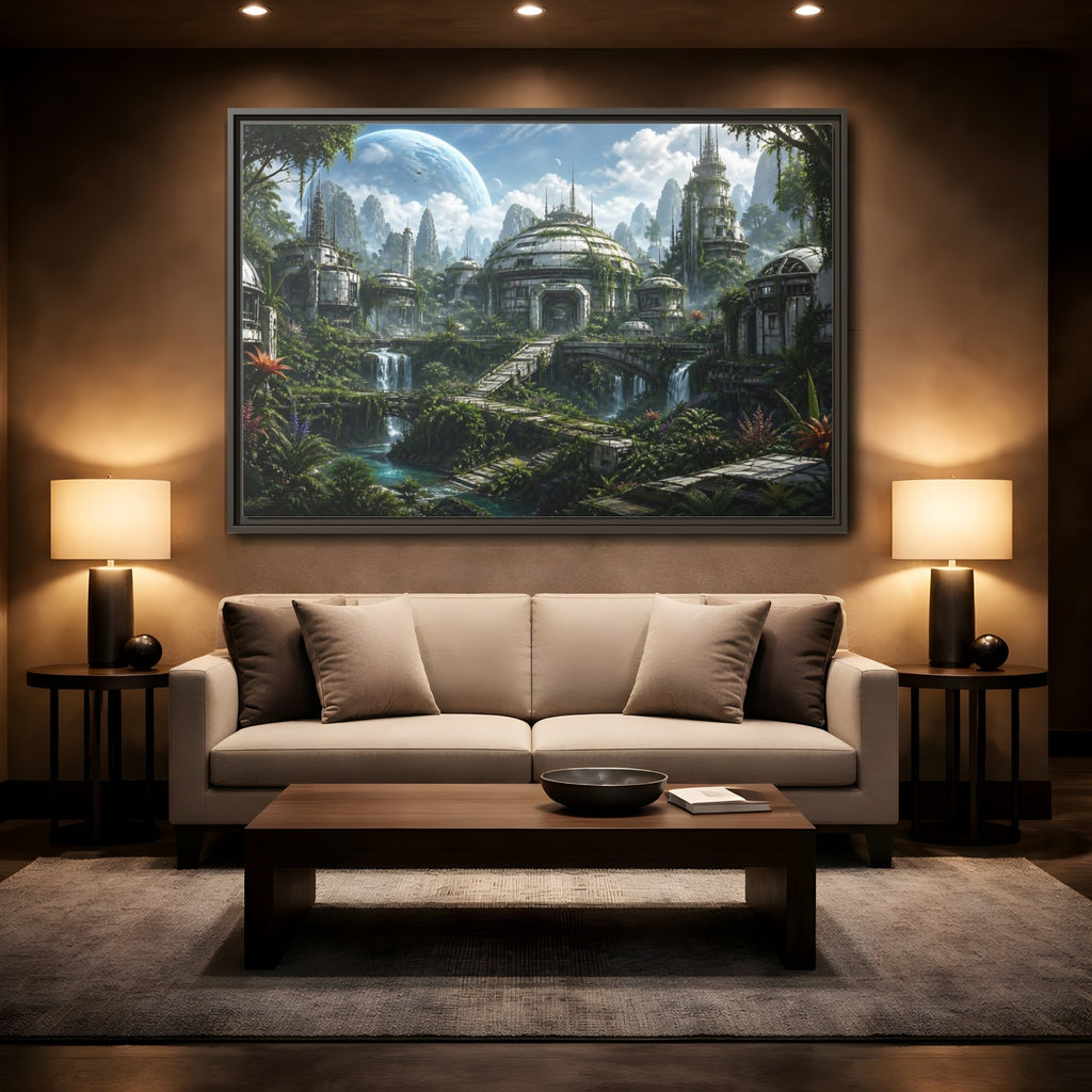 Mockup 2. Science Fiction Overgrown City Sci-Fi Landscape shown as stretched canvas wall art