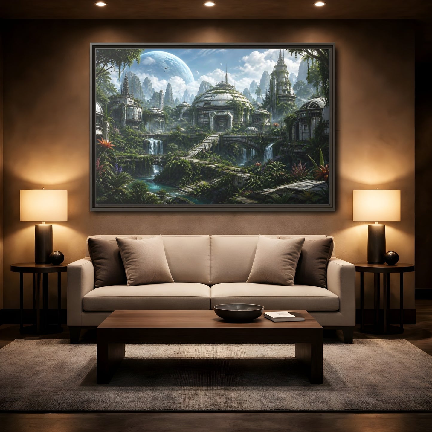 Mockup 2. Science Fiction Overgrown City Sci-Fi Landscape shown as stretched canvas wall art