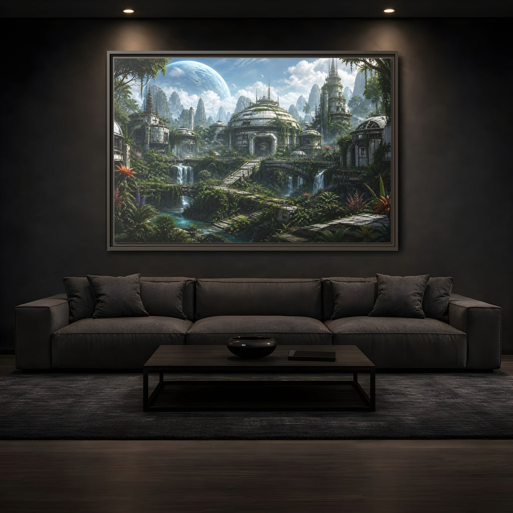 Mockup 3. Science Fiction Overgrown City Sci-Fi Landscape shown as stretched canvas wall art