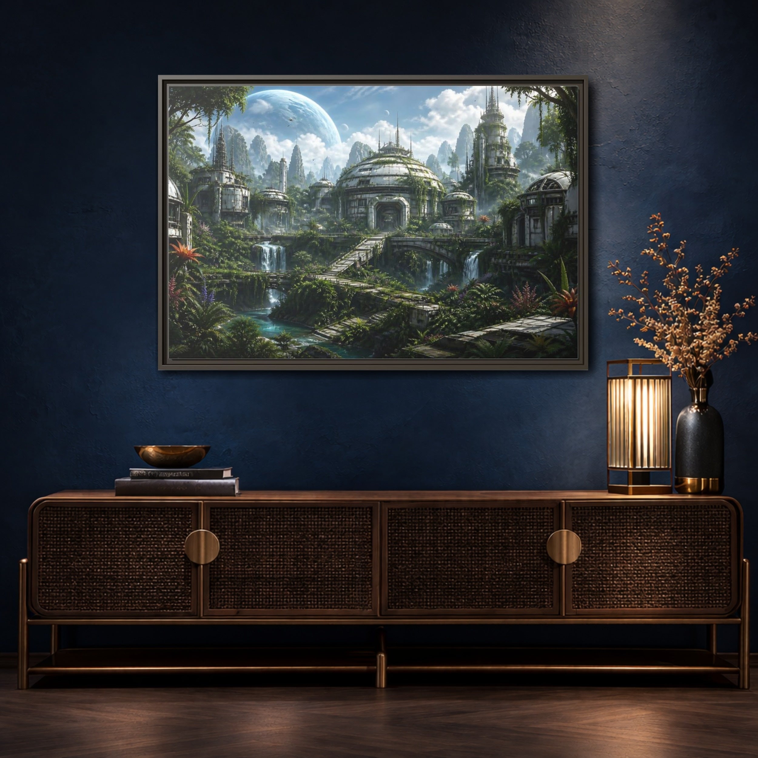 Mockup 4. Science Fiction Overgrown City Sci-Fi Landscape shown as stretched canvas wall art