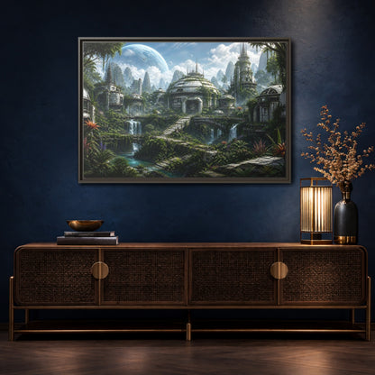 Mockup 4. Science Fiction Overgrown City Sci-Fi Landscape shown as stretched canvas wall art