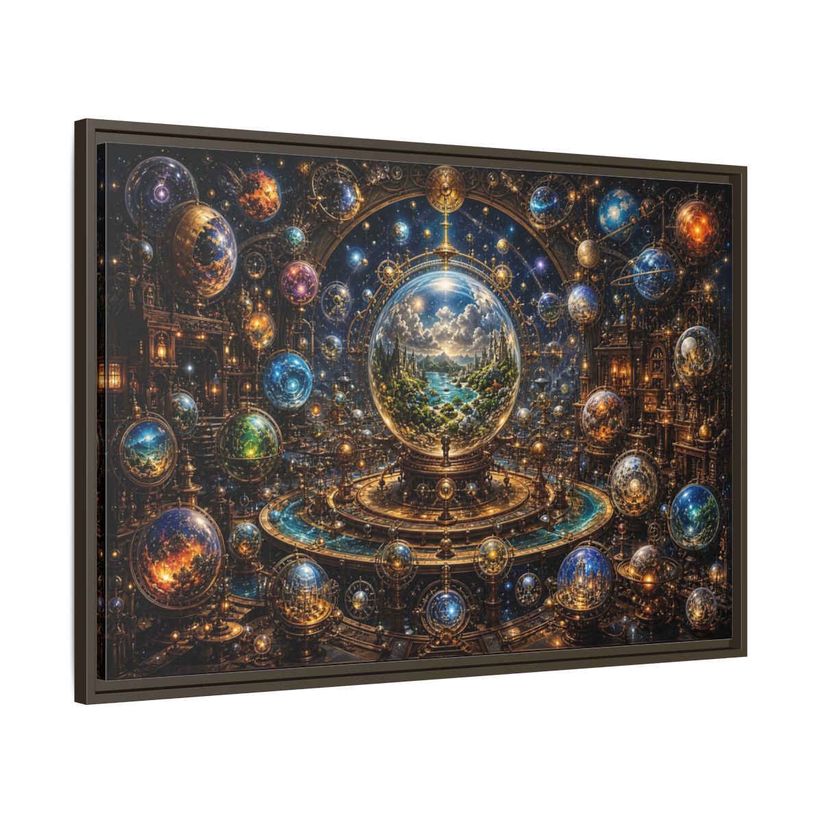 Main Mockup. Science Fiction Planetary Spheres Steampunk Cosmos shown as stretched canvas wall art