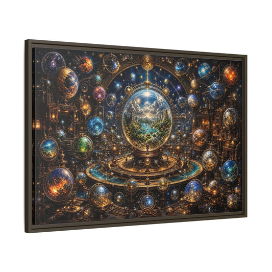 Main Mockup. Science Fiction Planetary Spheres Steampunk Cosmos shown as stretched canvas wall art