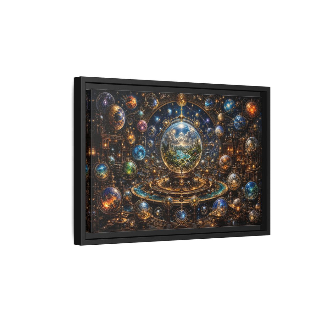 Side Mockup 6. Science Fiction Planetary Spheres Steampunk Cosmos shown as stretched canvas wall art