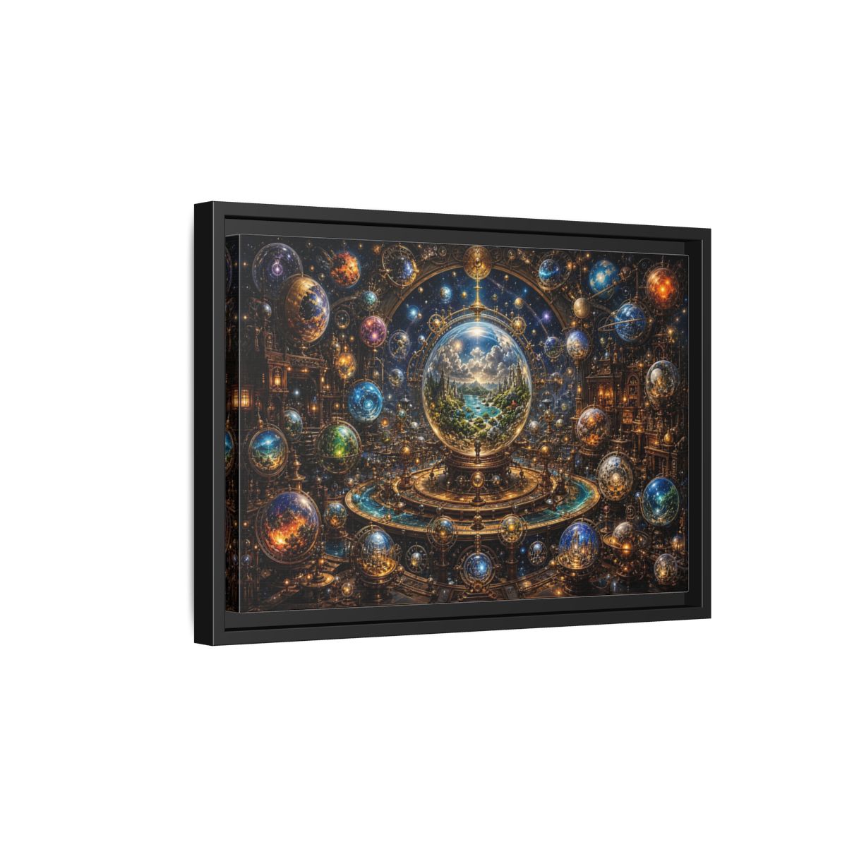 Side Mockup 6. Science Fiction Planetary Spheres Steampunk Cosmos shown as stretched canvas wall art