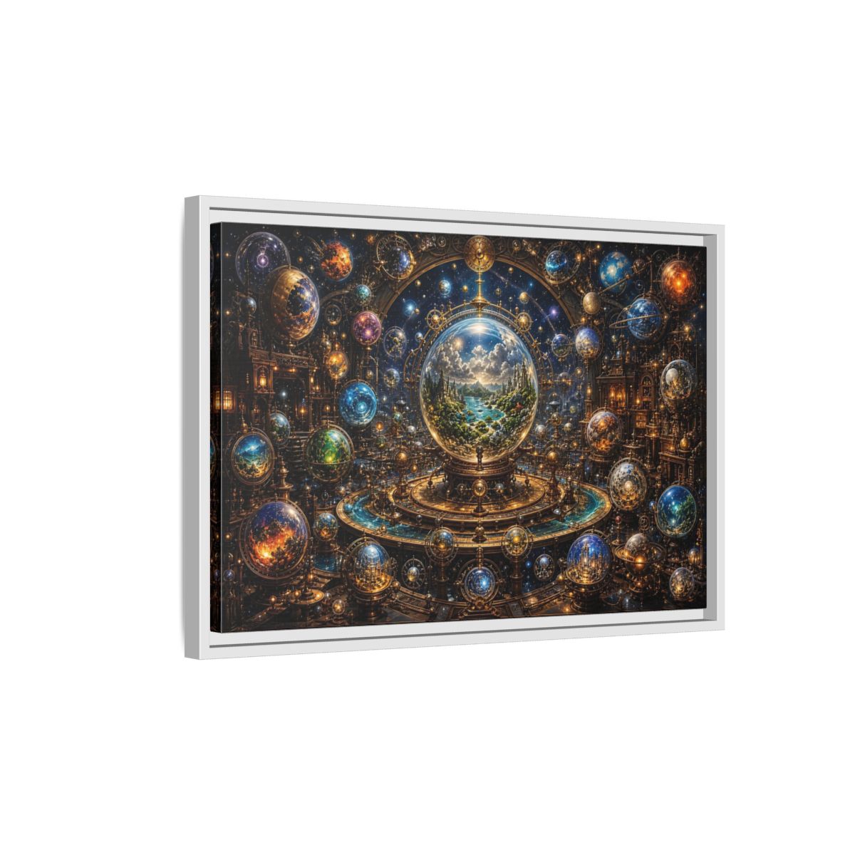 Side Mockup 1. Science Fiction Planetary Spheres Steampunk Cosmos shown as stretched canvas wall art