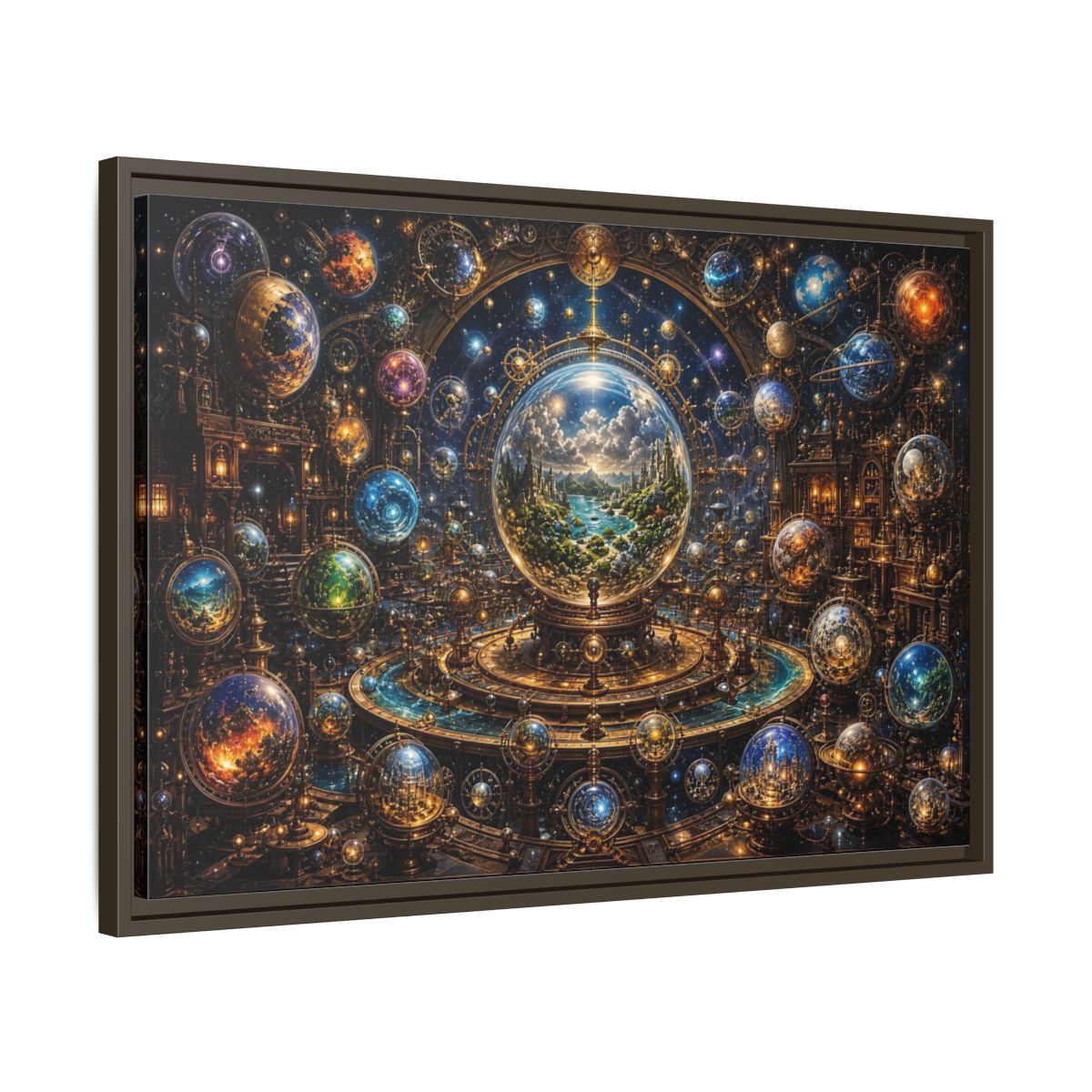 Side Mockup 11. Science Fiction Planetary Spheres Steampunk Cosmos shown as stretched canvas wall art