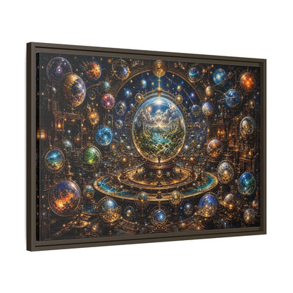 Side Mockup 11. Science Fiction Planetary Spheres Steampunk Cosmos shown as stretched canvas wall art