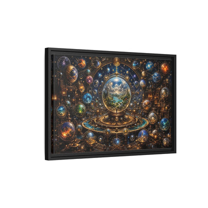 Side Mockup 3. Science Fiction Planetary Spheres Steampunk Cosmos shown as stretched canvas wall art