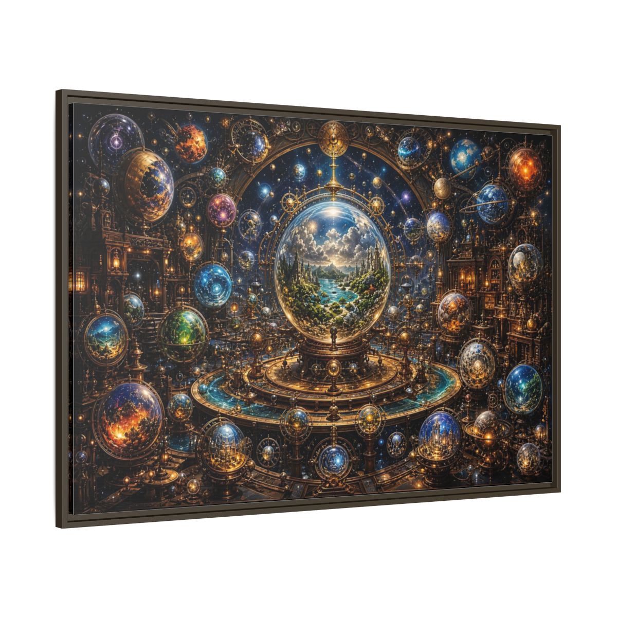 Side Mockup 8. Science Fiction Planetary Spheres Steampunk Cosmos shown as stretched canvas wall art