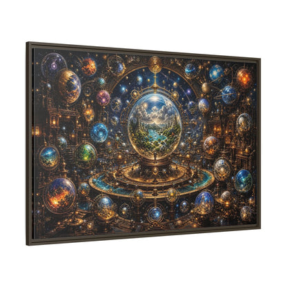 Side Mockup 8. Science Fiction Planetary Spheres Steampunk Cosmos shown as stretched canvas wall art