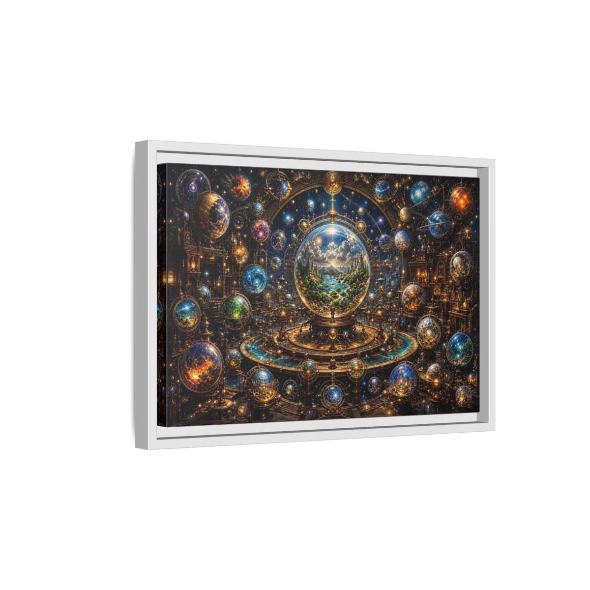 Side Mockup 4. Science Fiction Planetary Spheres Steampunk Cosmos shown as stretched canvas wall art