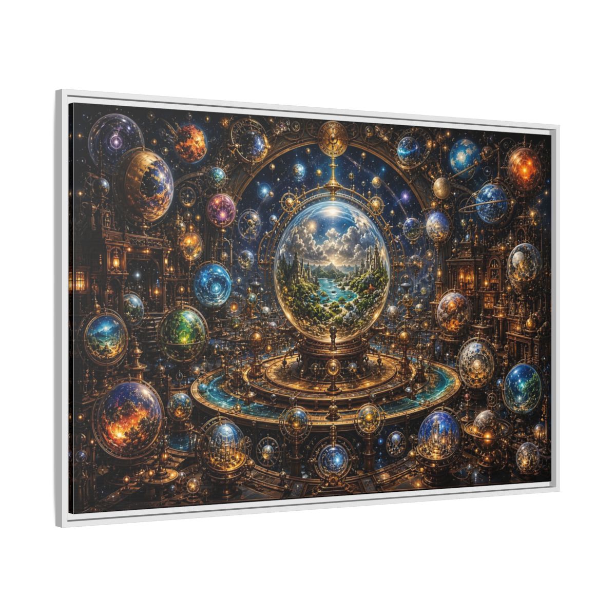Side Mockup 7. Science Fiction Planetary Spheres Steampunk Cosmos shown as stretched canvas wall art