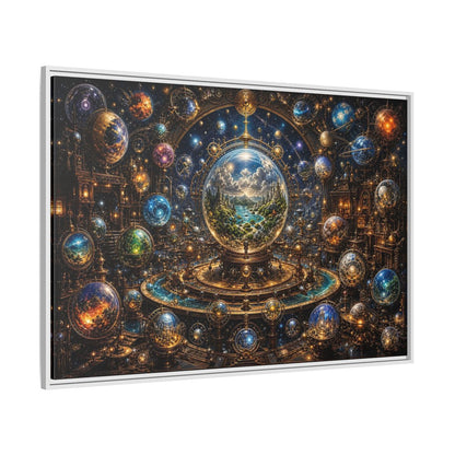Side Mockup 7. Science Fiction Planetary Spheres Steampunk Cosmos shown as stretched canvas wall art