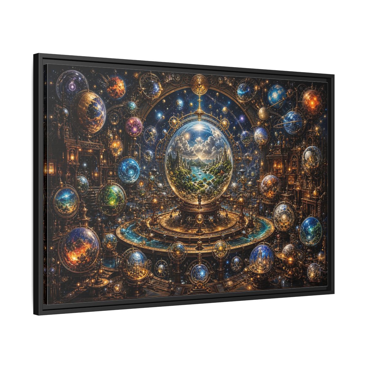 Side Mockup 13. Science Fiction Planetary Spheres Steampunk Cosmos shown as stretched canvas wall art