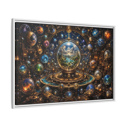Side Mockup 9. Science Fiction Planetary Spheres Steampunk Cosmos shown as stretched canvas wall art