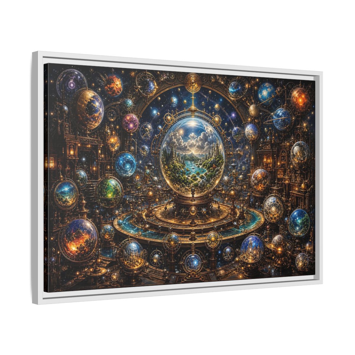 Side Mockup 10. Science Fiction Planetary Spheres Steampunk Cosmos shown as stretched canvas wall art