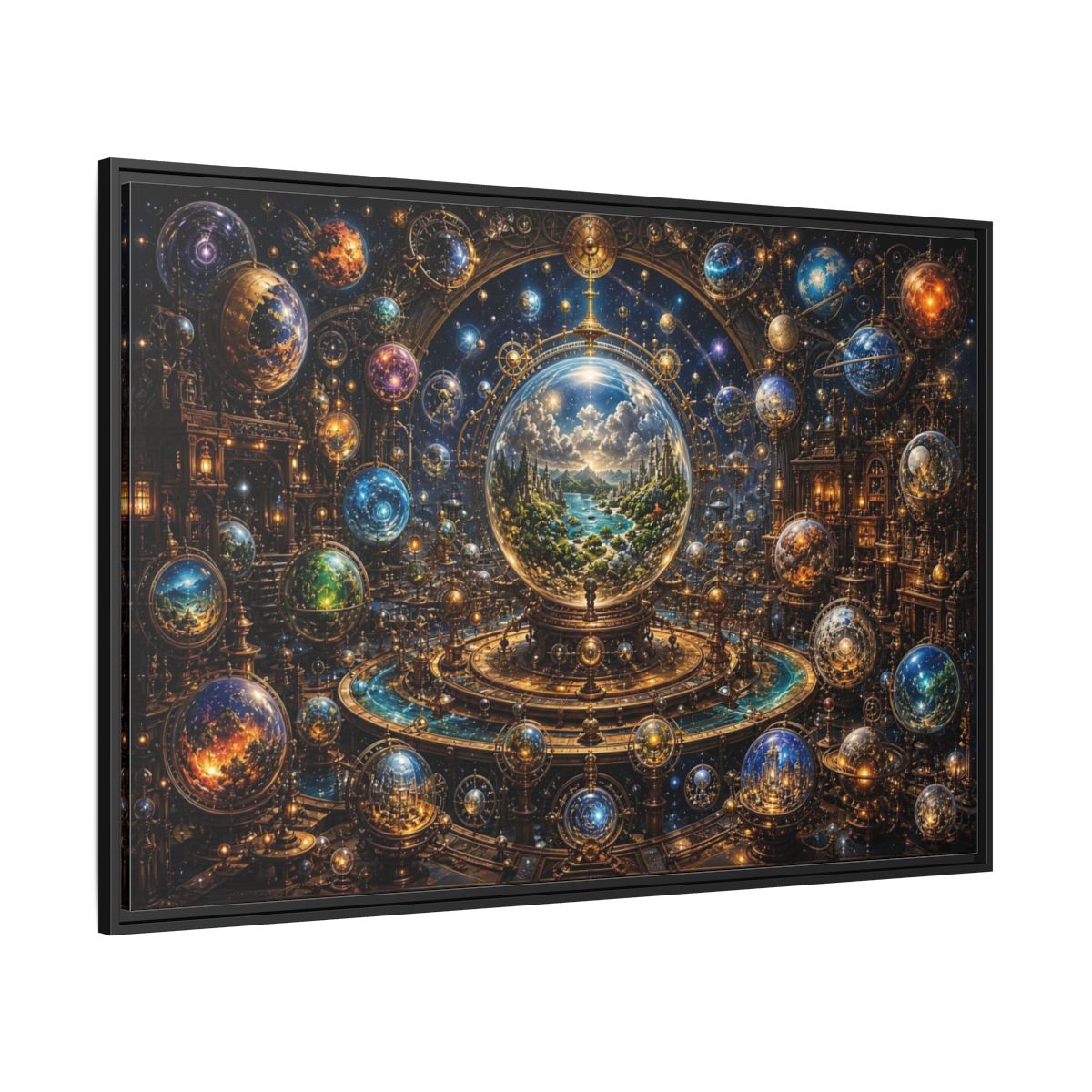 Side Mockup 12. Science Fiction Planetary Spheres Steampunk Cosmos shown as stretched canvas wall art