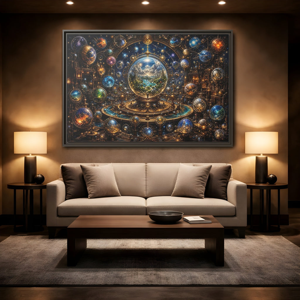 Mockup 2. Science Fiction Planetary Spheres Steampunk Cosmos shown as stretched canvas wall art