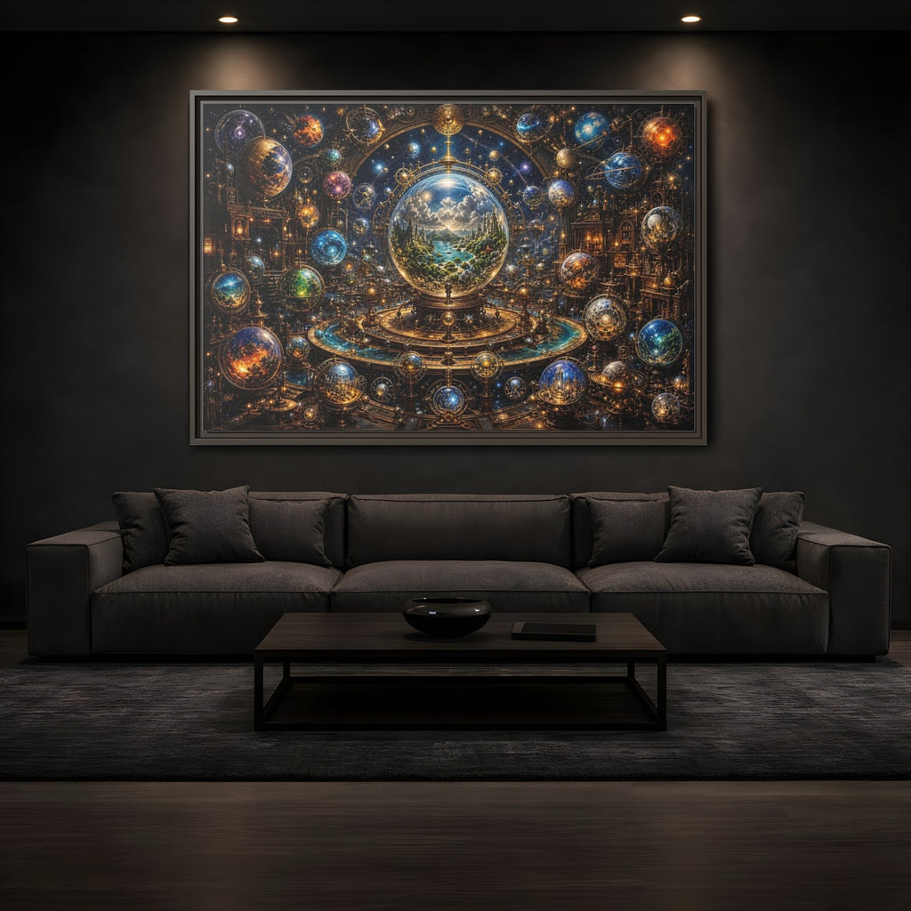 Mockup 3. Science Fiction Planetary Spheres Steampunk Cosmos shown as stretched canvas wall art