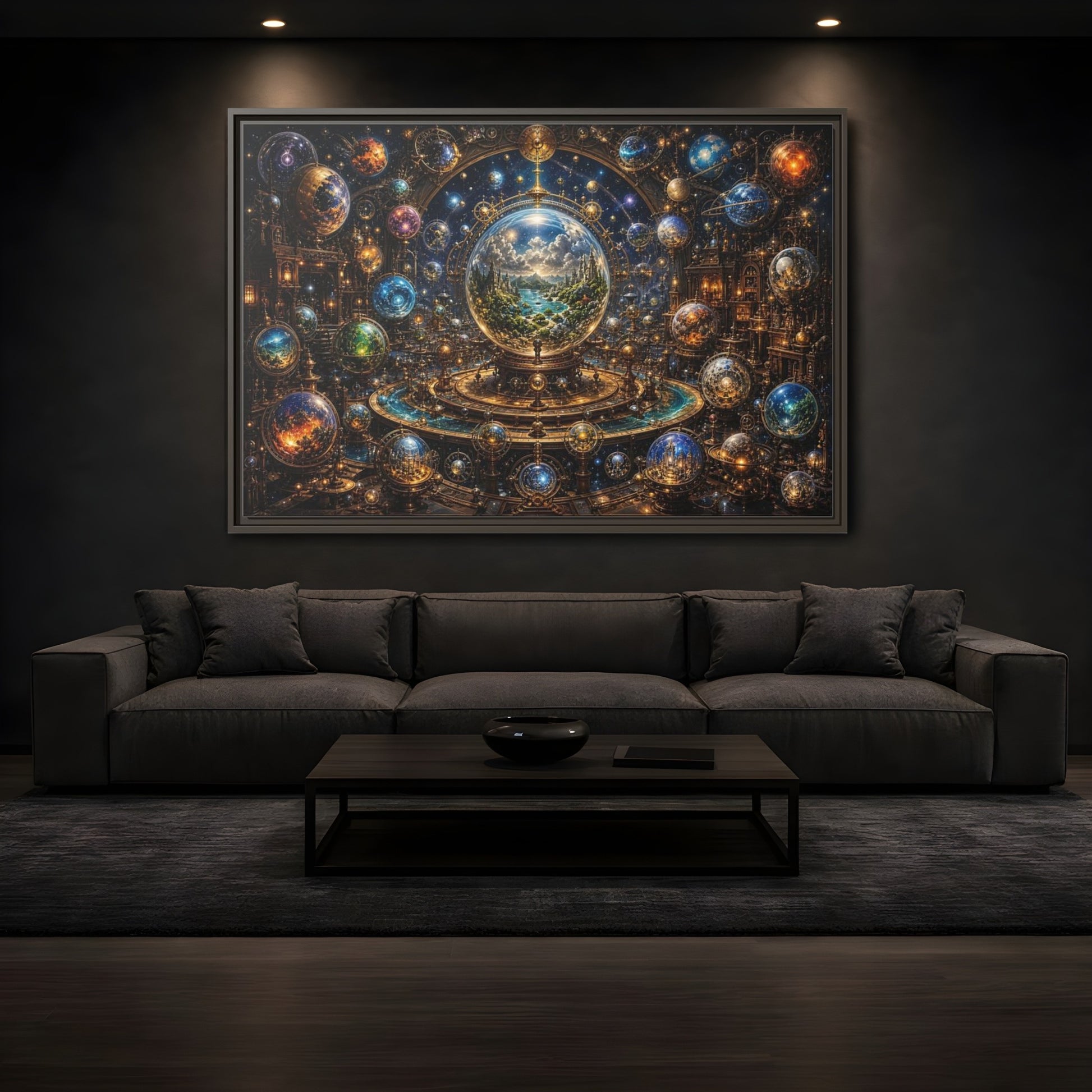 Mockup 3. Science Fiction Planetary Spheres Steampunk Cosmos shown as stretched canvas wall art