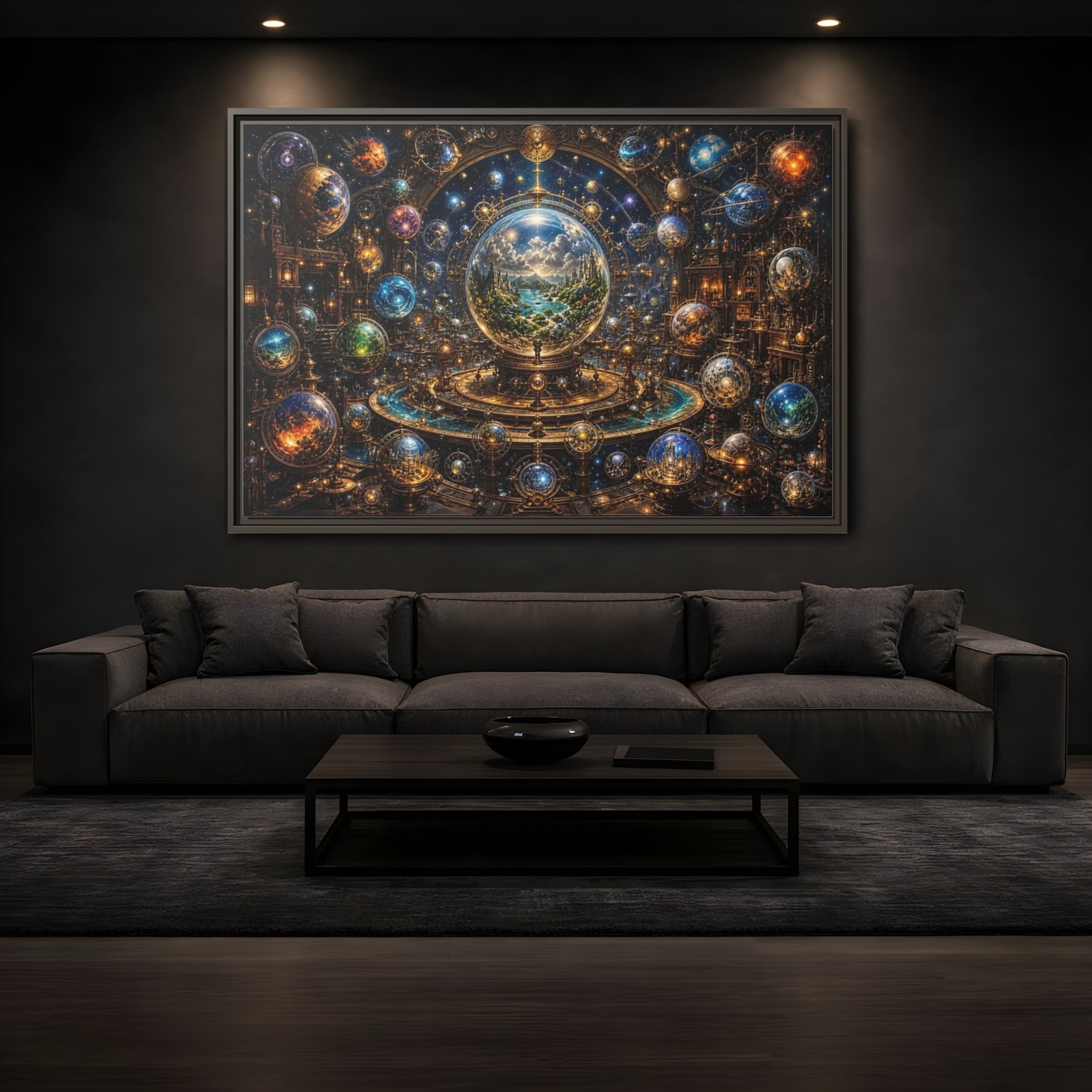 Mockup 3. Science Fiction Planetary Spheres Steampunk Cosmos shown as stretched canvas wall art