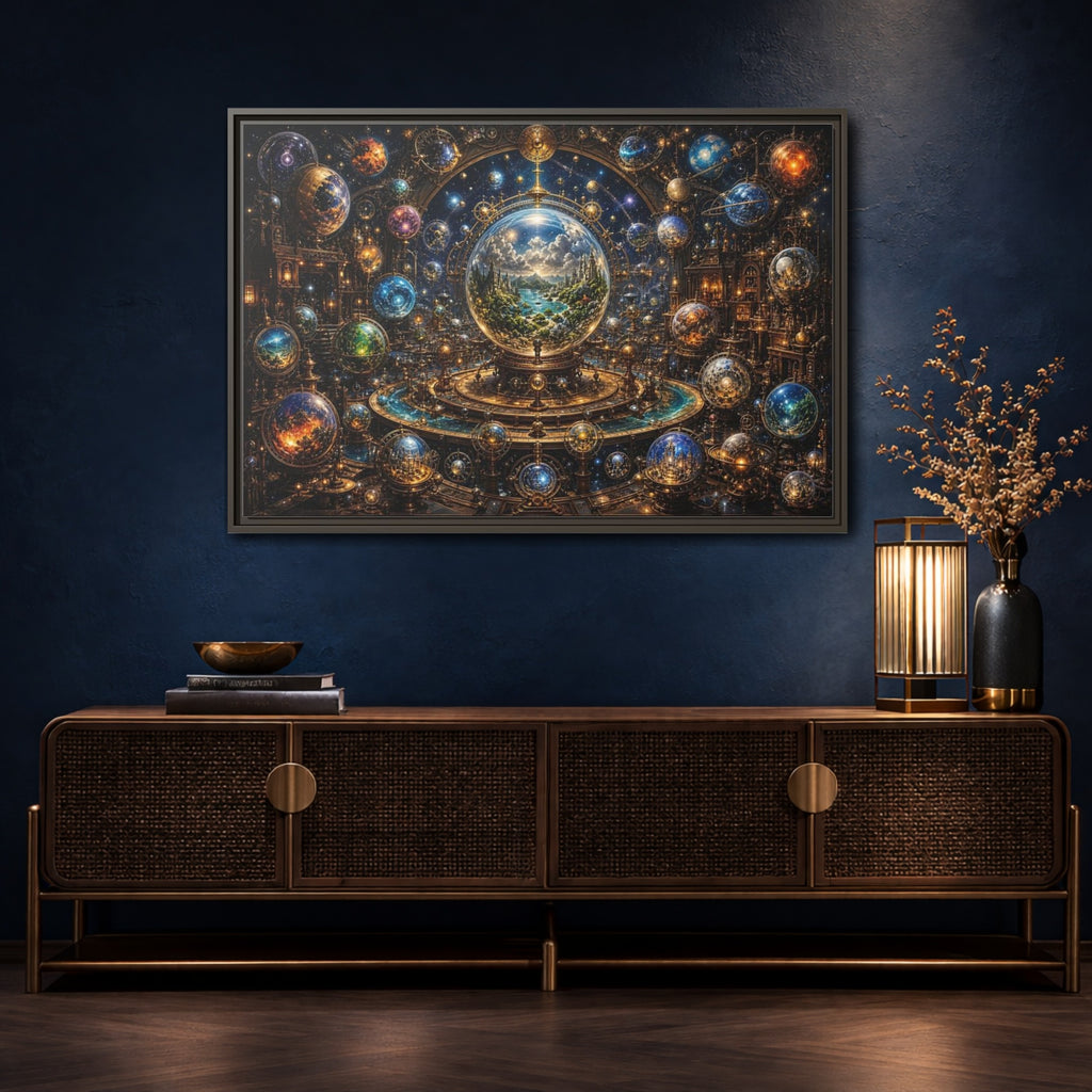Mockup 4. Science Fiction Planetary Spheres Steampunk Cosmos shown as stretched canvas wall art
