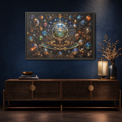 Mockup 4. Science Fiction Planetary Spheres Steampunk Cosmos shown as stretched canvas wall art