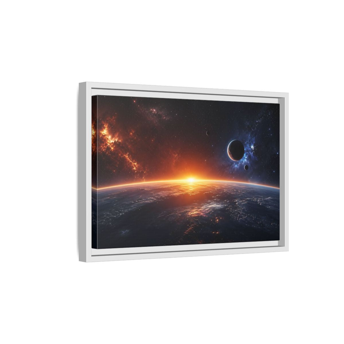 Side Mockup 4. Science Fiction Planetary Sunrise Orange Blue Space shown as stretched canvas wall art