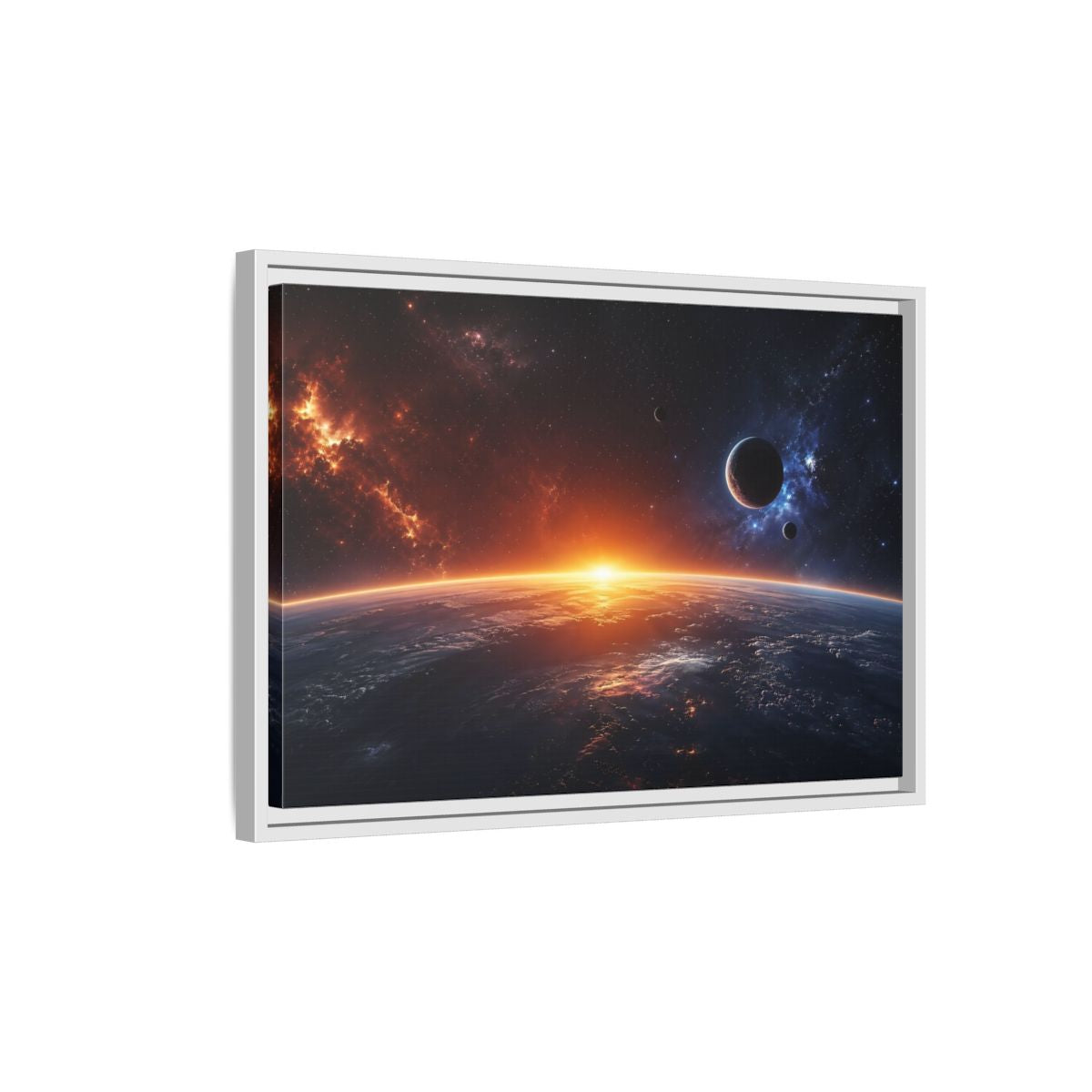 Side Mockup 1. Science Fiction Planetary Sunrise Orange Blue Space shown as stretched canvas wall art