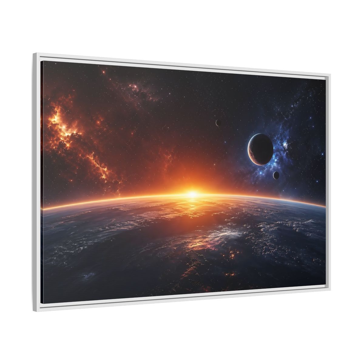 Side Mockup 7. Science Fiction Planetary Sunrise Orange Blue Space shown as stretched canvas wall art
