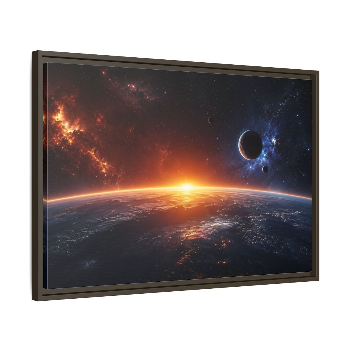 Side Mockup 11. Science Fiction Planetary Sunrise Orange Blue Space shown as stretched canvas wall art