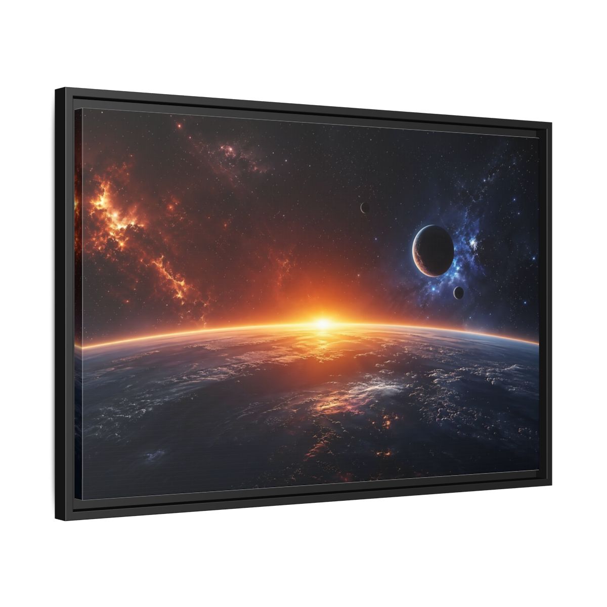 Side Mockup 14. Science Fiction Planetary Sunrise Orange Blue Space shown as stretched canvas wall art