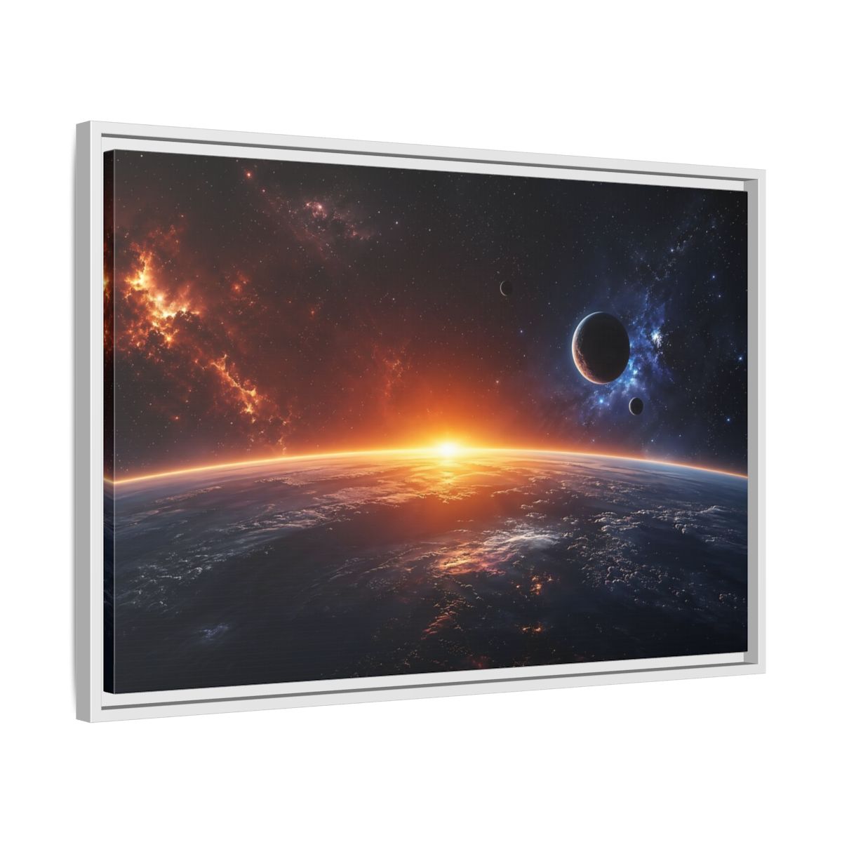 Side Mockup 10. Science Fiction Planetary Sunrise Orange Blue Space shown as stretched canvas wall art