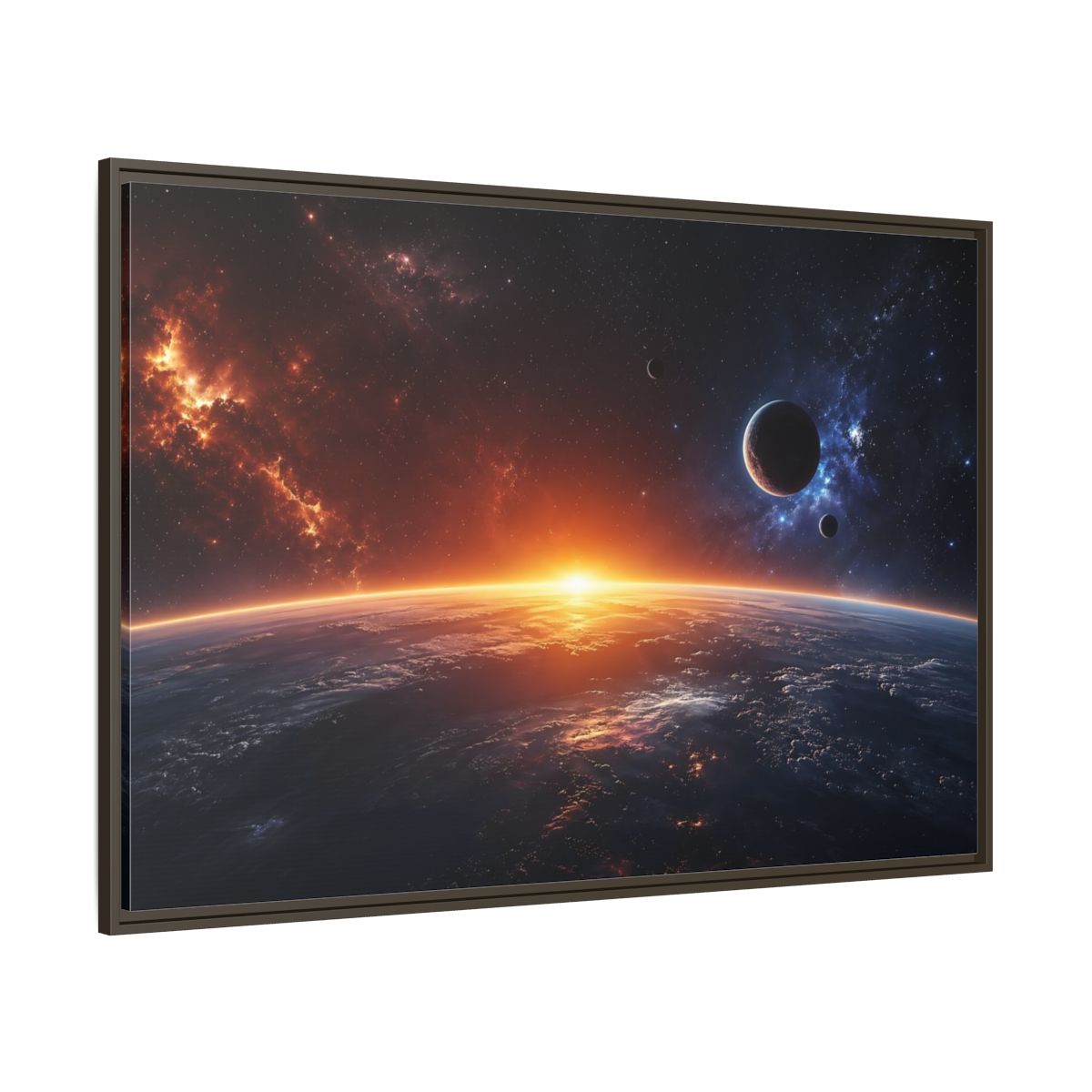 Side Mockup 8. Science Fiction Planetary Sunrise Orange Blue Space shown as stretched canvas wall art