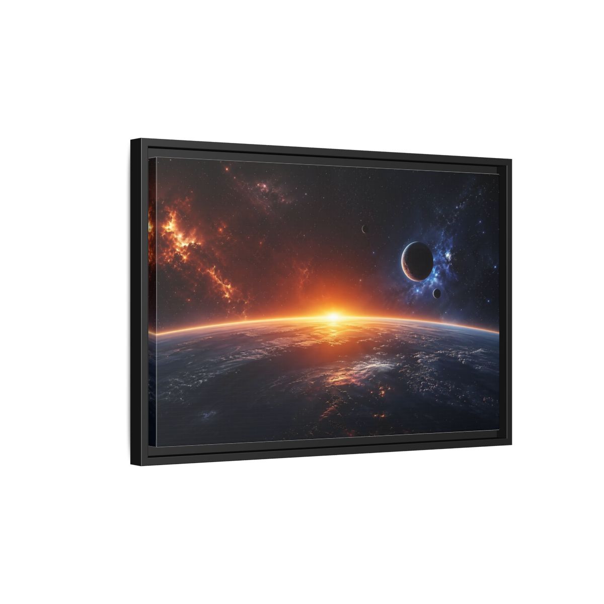 Side Mockup 3. Science Fiction Planetary Sunrise Orange Blue Space shown as stretched canvas wall art