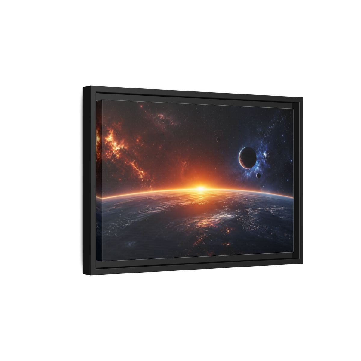 Side Mockup 6. Science Fiction Planetary Sunrise Orange Blue Space shown as stretched canvas wall art