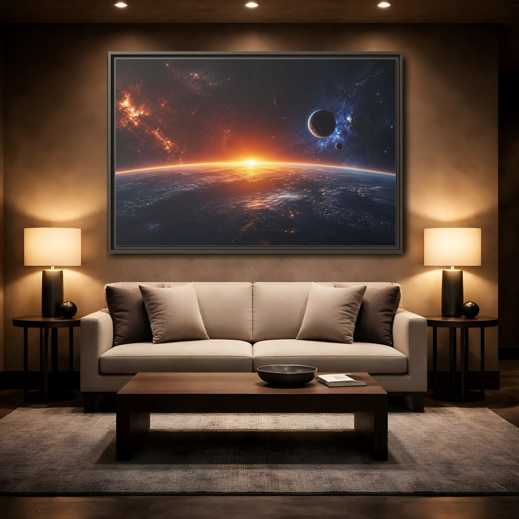 Mockup 2. Science Fiction Planetary Sunrise Orange Blue Space shown as stretched canvas wall art