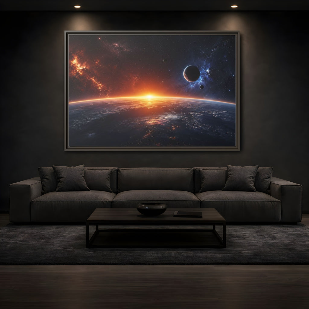 Mockup 3. Science Fiction Planetary Sunrise Orange Blue Space shown as stretched canvas wall art