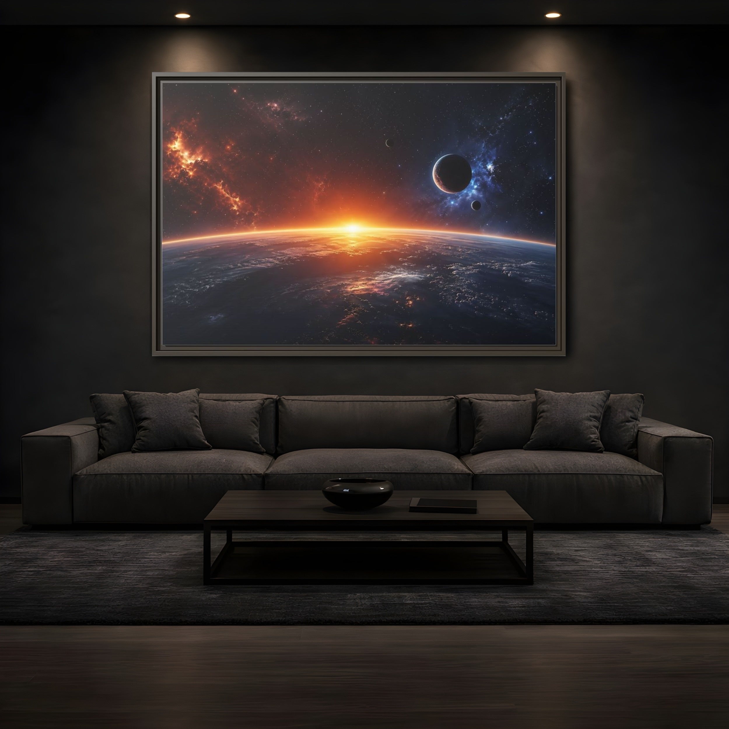 Mockup 3. Science Fiction Planetary Sunrise Orange Blue Space shown as stretched canvas wall art
