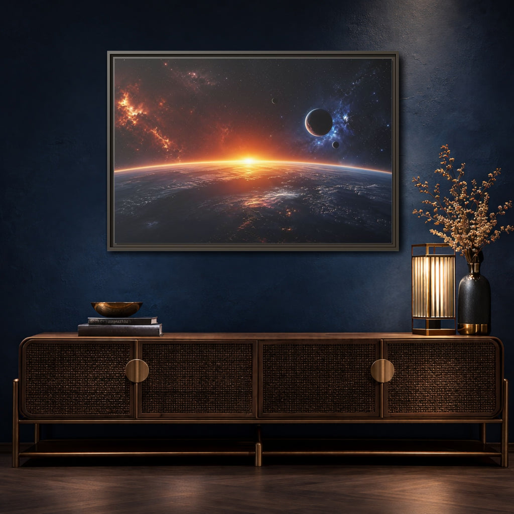 Mockup 4. Science Fiction Planetary Sunrise Orange Blue Space shown as stretched canvas wall art
