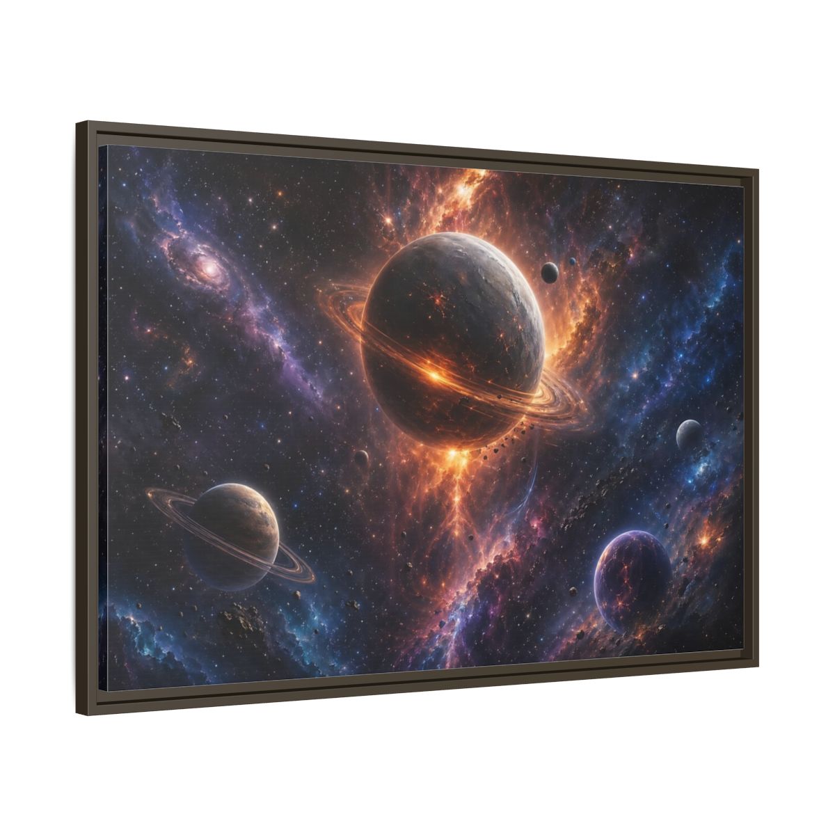 Main Mockup. Science Fiction Planets Orange Purple Space shown as stretched canvas wall art