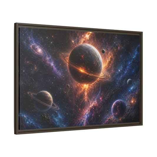 Main Mockup. Science Fiction Planets Orange Purple Space shown as stretched canvas wall art