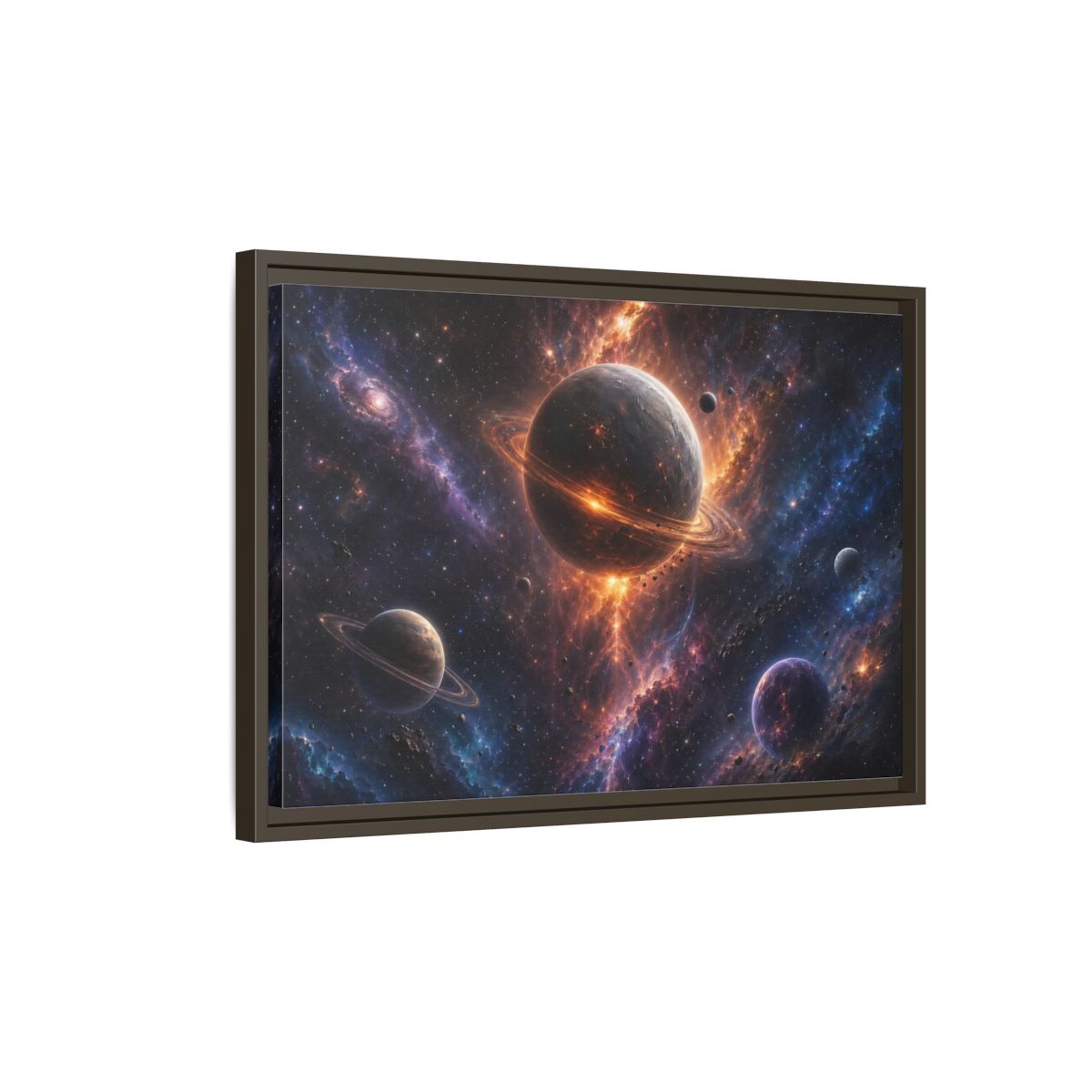 Side Mockup 2. Science Fiction Planets Orange Purple Space shown as stretched canvas wall art