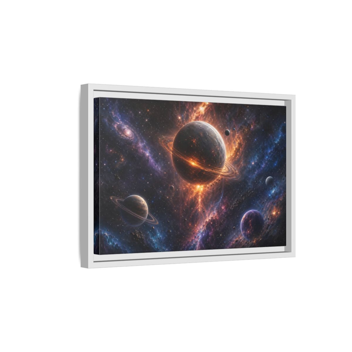 Side Mockup 4. Science Fiction Planets Orange Purple Space shown as stretched canvas wall art