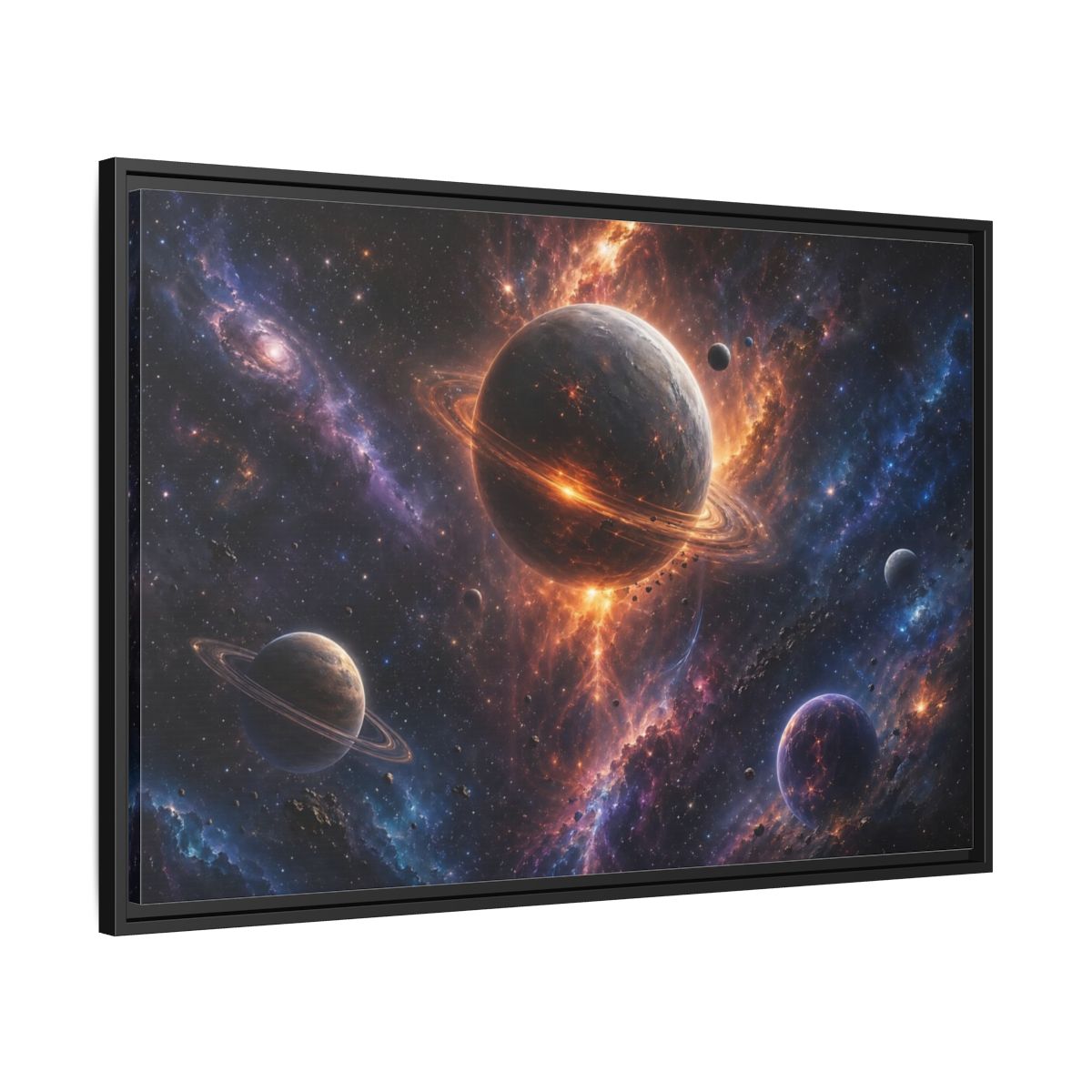 Side Mockup 13. Science Fiction Planets Orange Purple Space shown as stretched canvas wall art