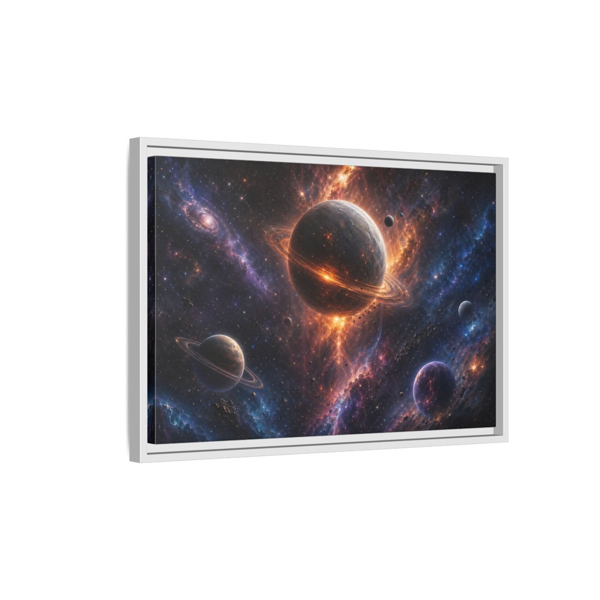 Side Mockup 1. Science Fiction Planets Orange Purple Space shown as stretched canvas wall art