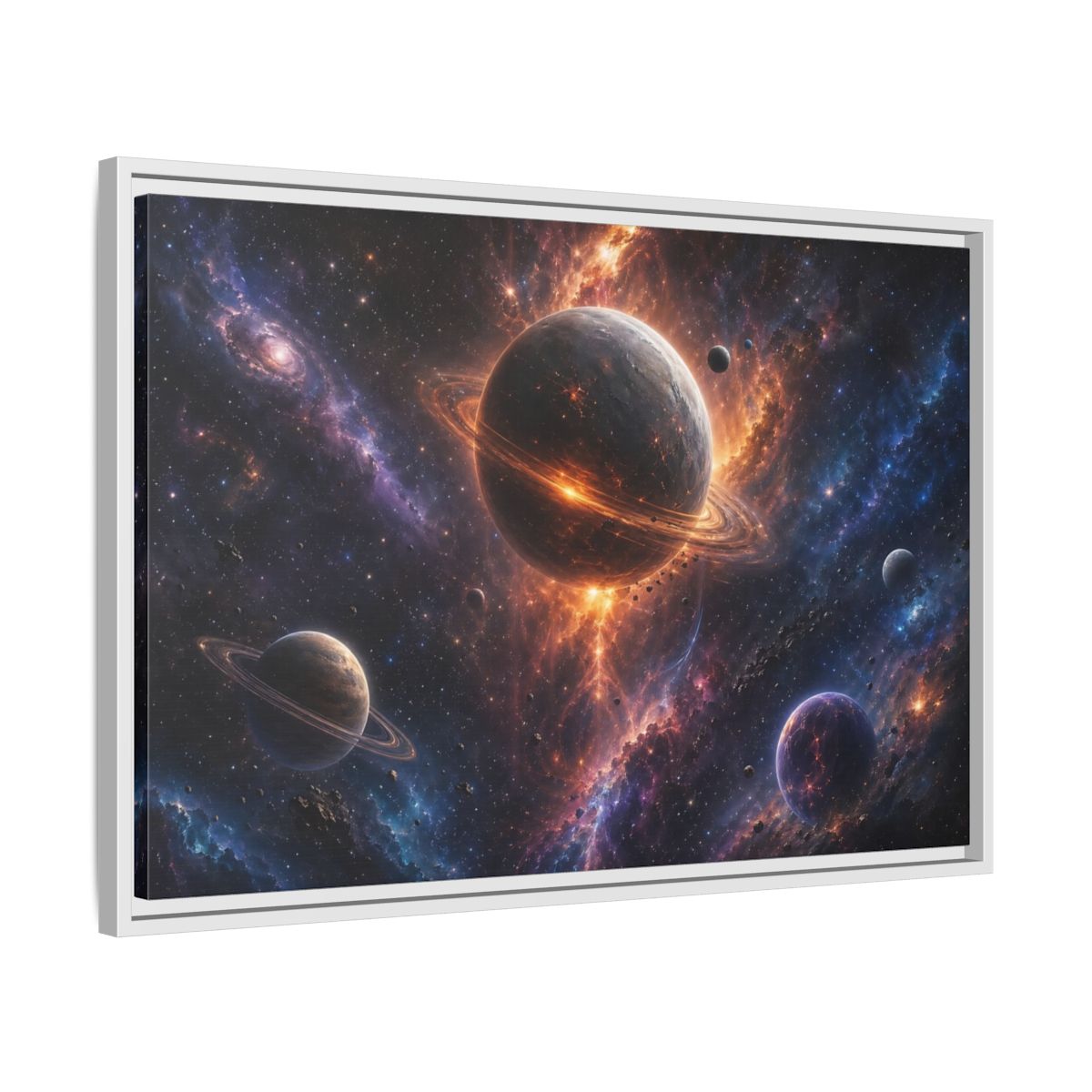 Side Mockup 10. Science Fiction Planets Orange Purple Space shown as stretched canvas wall art